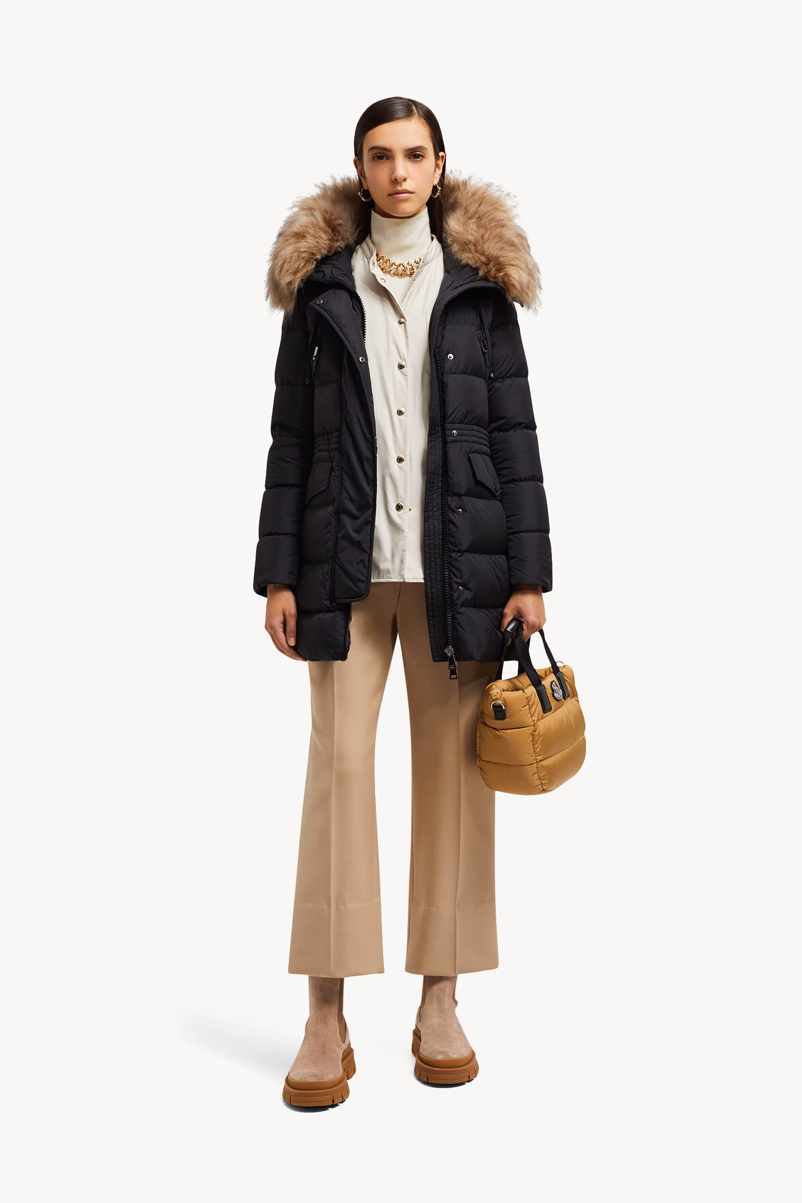 Doudoune longue à capuche bordée de shearling Aphroti Femmes Noir & Beige Moncler 0
